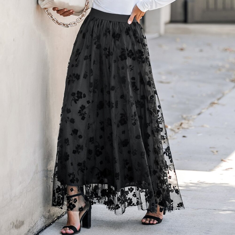 Cupshe Floral Embroidery Mesh High Waist Skirt | Size M | NWT | Sheer Overlay